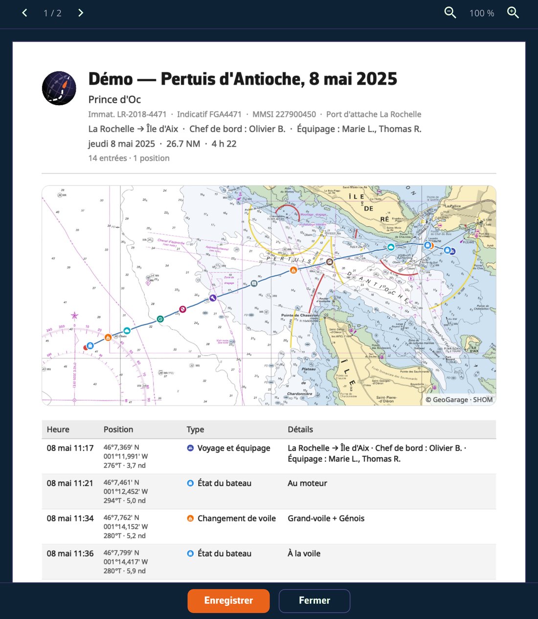 Le PDF du journal de bord, carte du parcours en fond