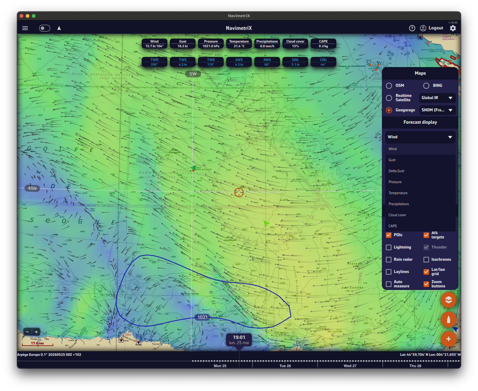 Layers panel showing the list of available weather parameters in Forecast display