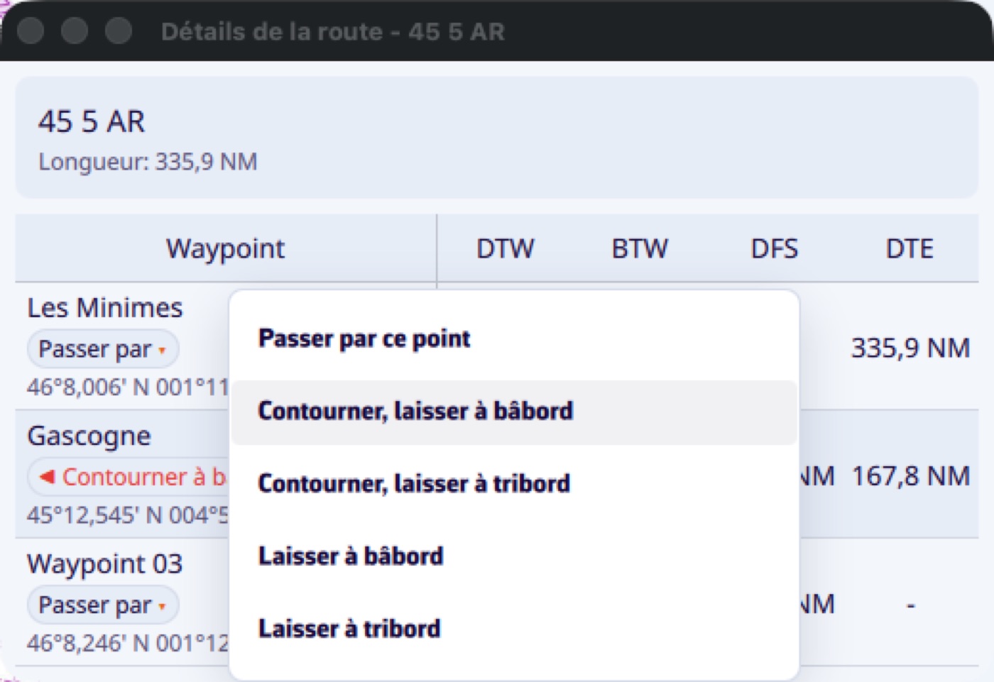 Détails de la route : menu des cinq instructions de passage