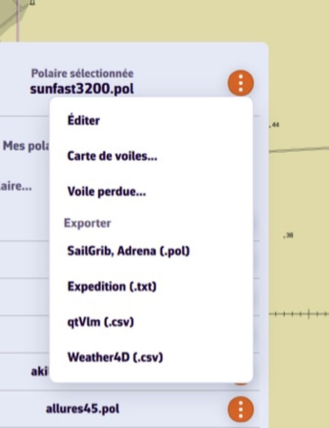 Menu d'export d'une polaire