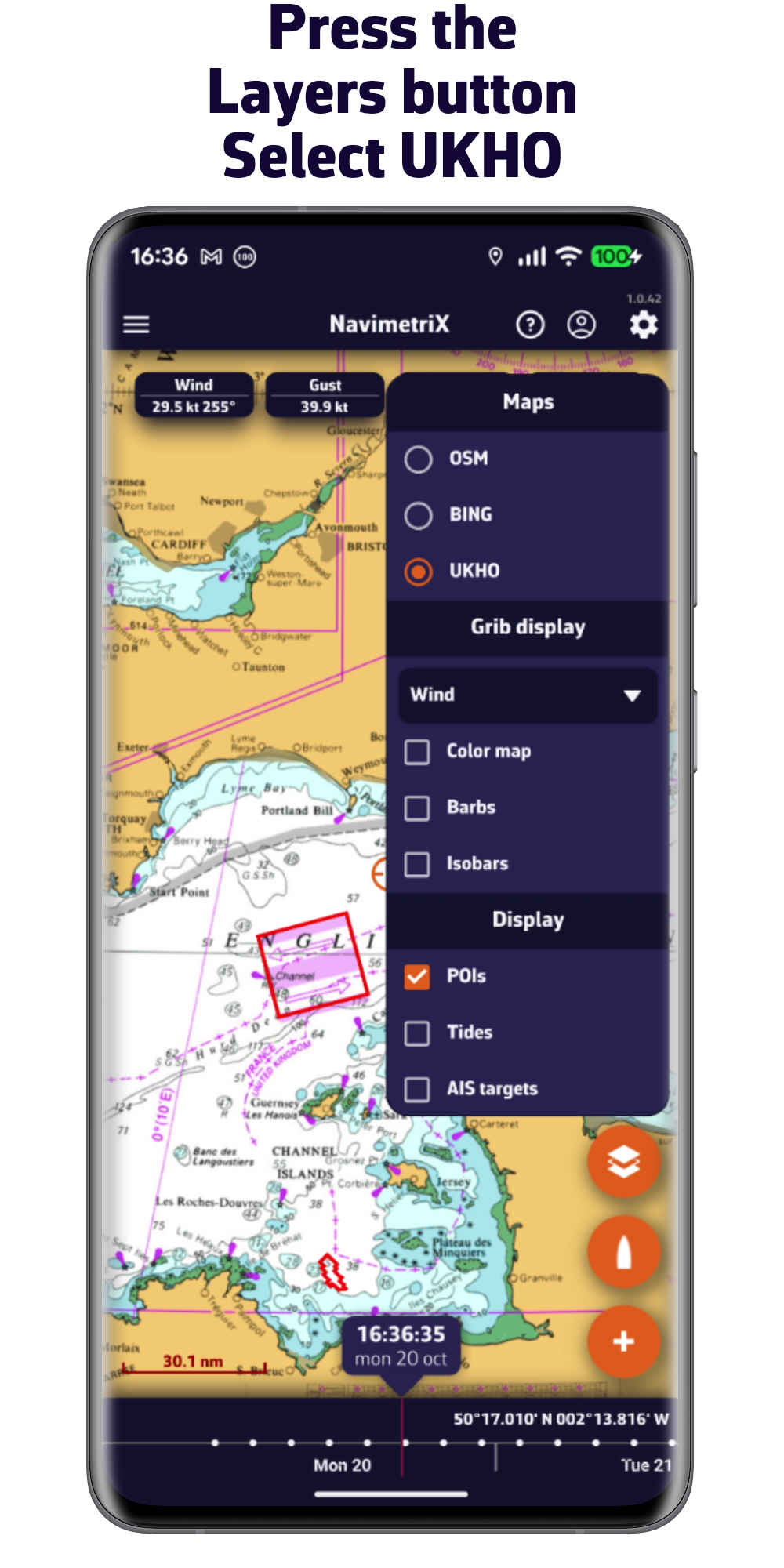 Press the layers button. Choose SHOM