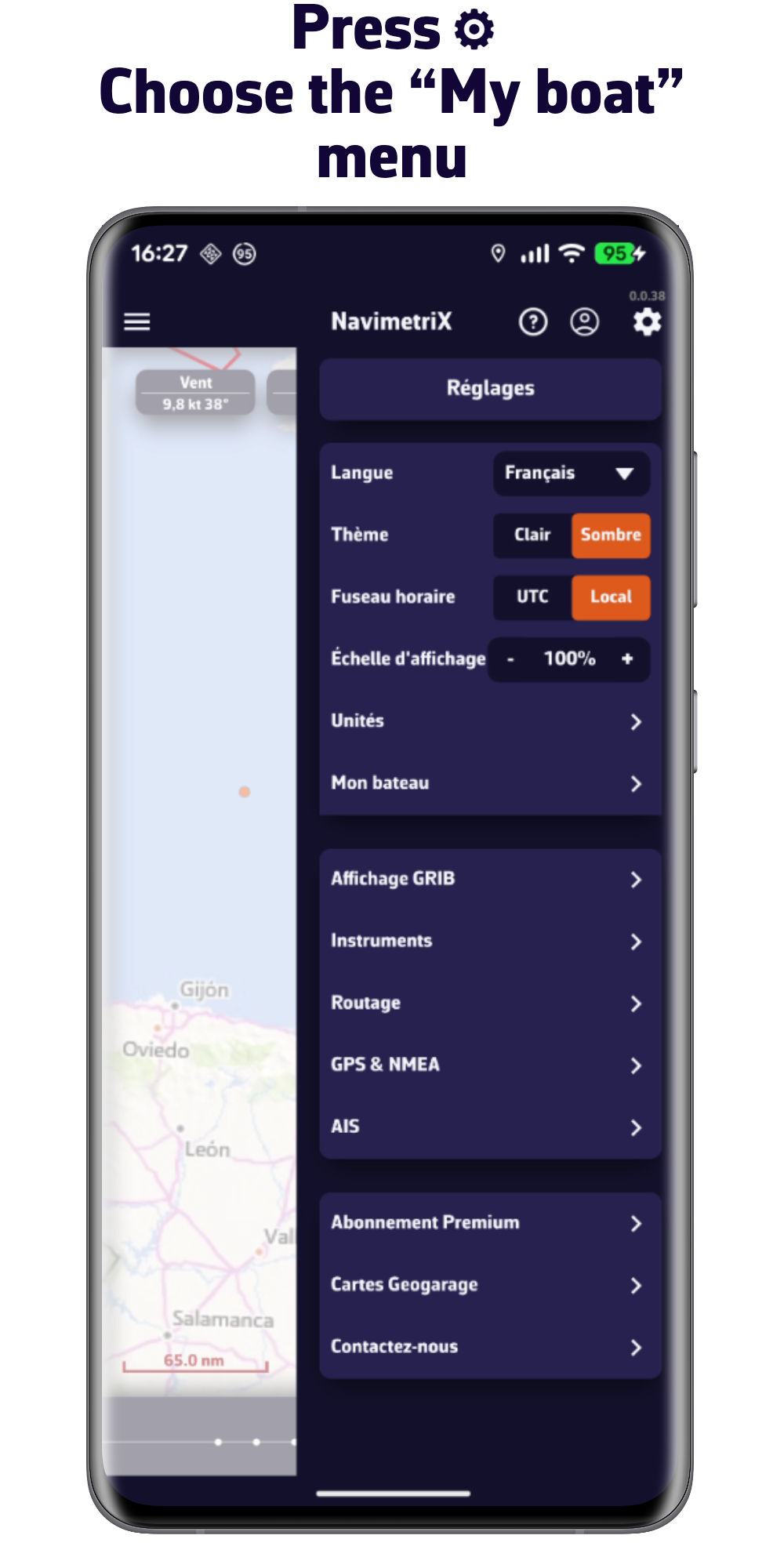 Press Settings. Choose My boat menu
