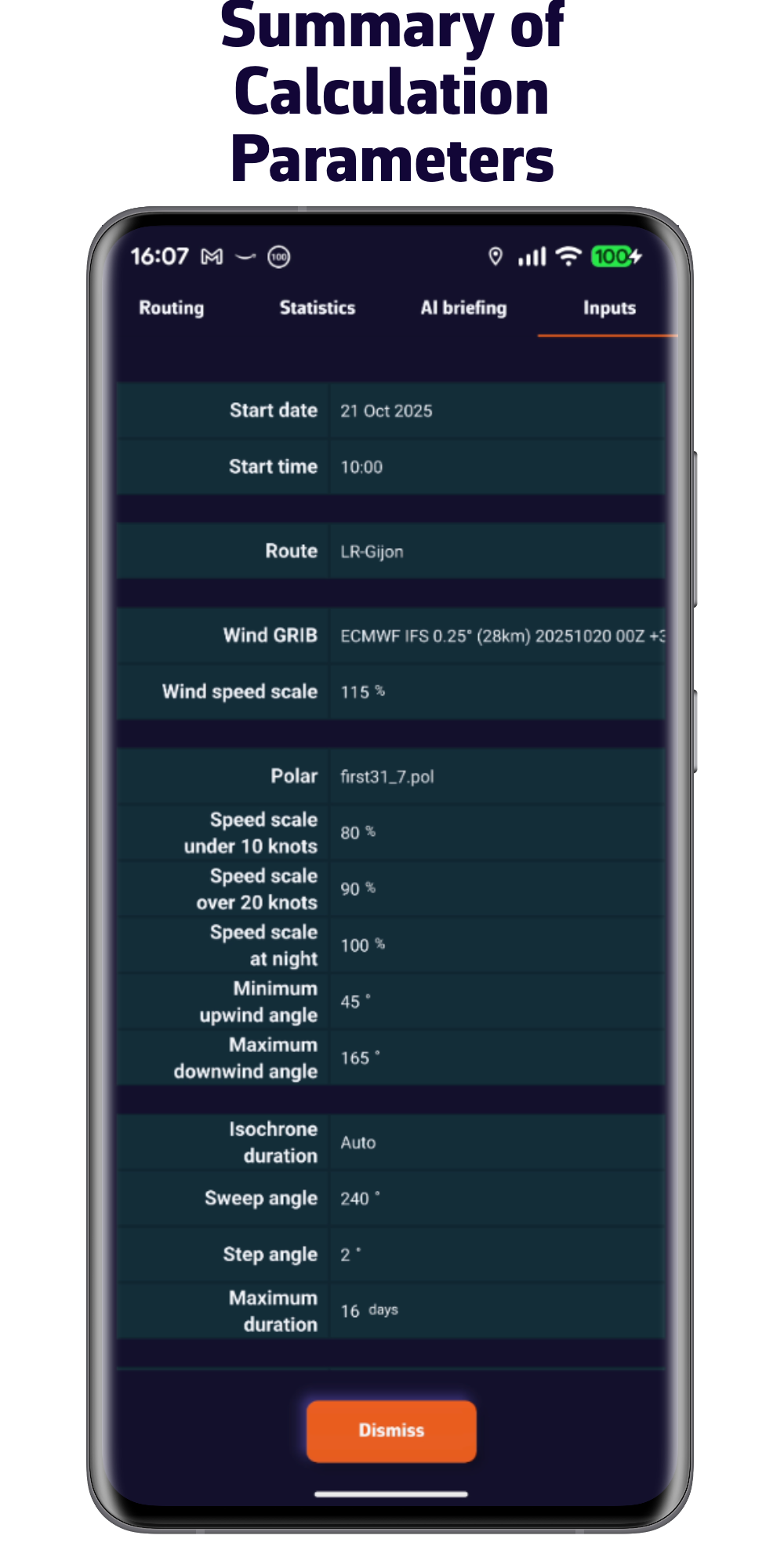 Summary of calculation parameters